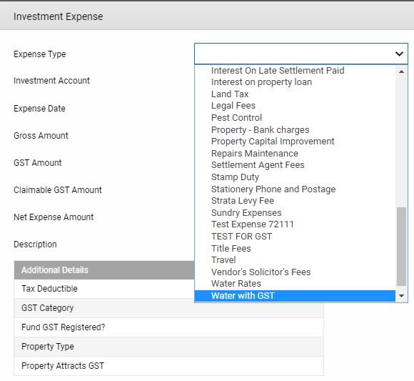 How to set up property expenses (such Water / Council Rates) that