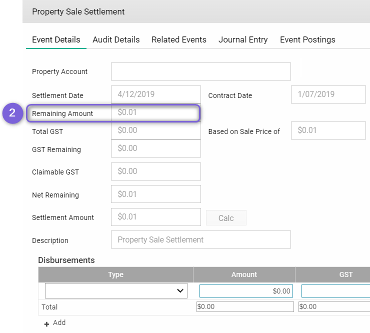 Property sale residual cost showing after processing settlement