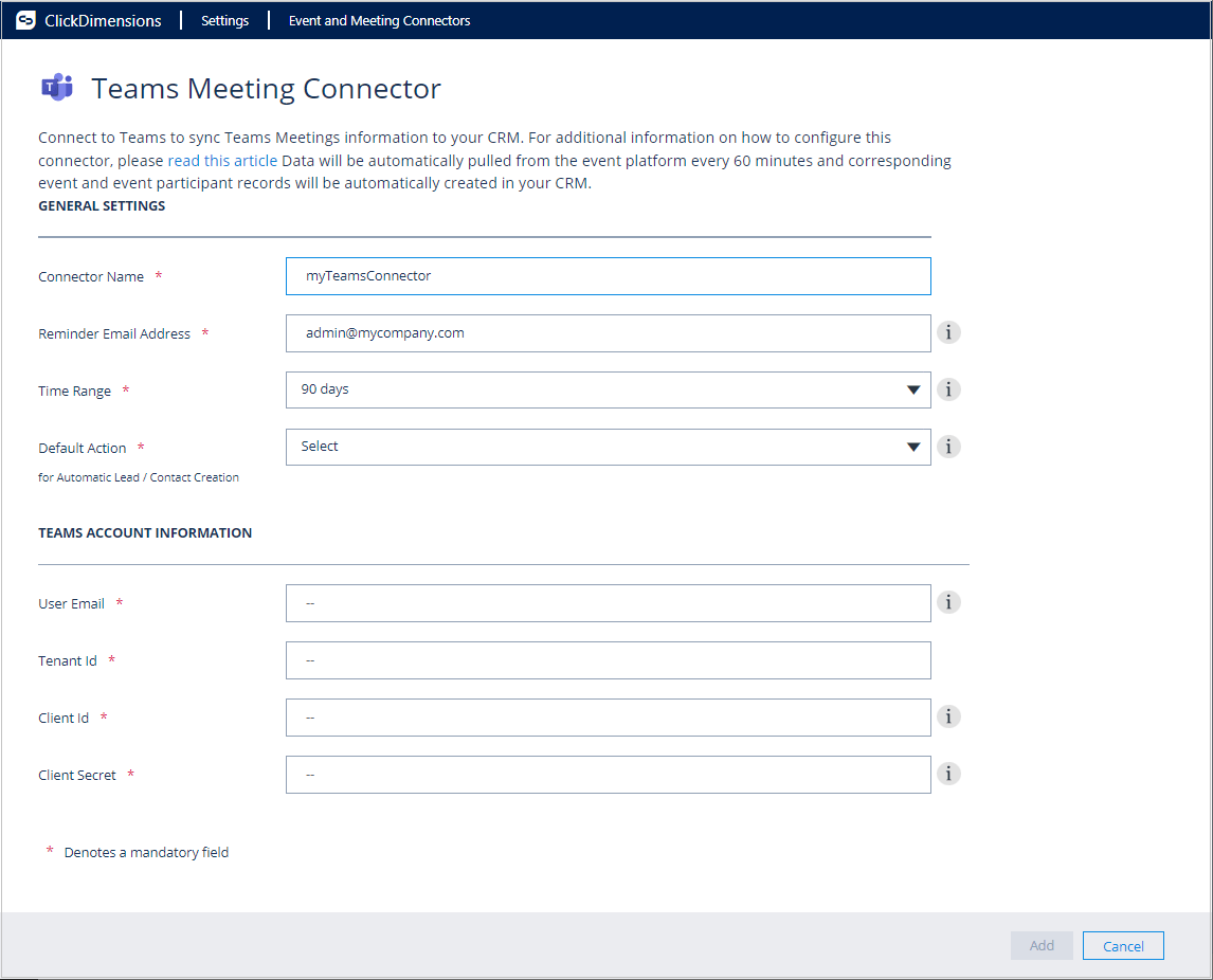 Setup Teams Meeting and Live Events Connector Click Support