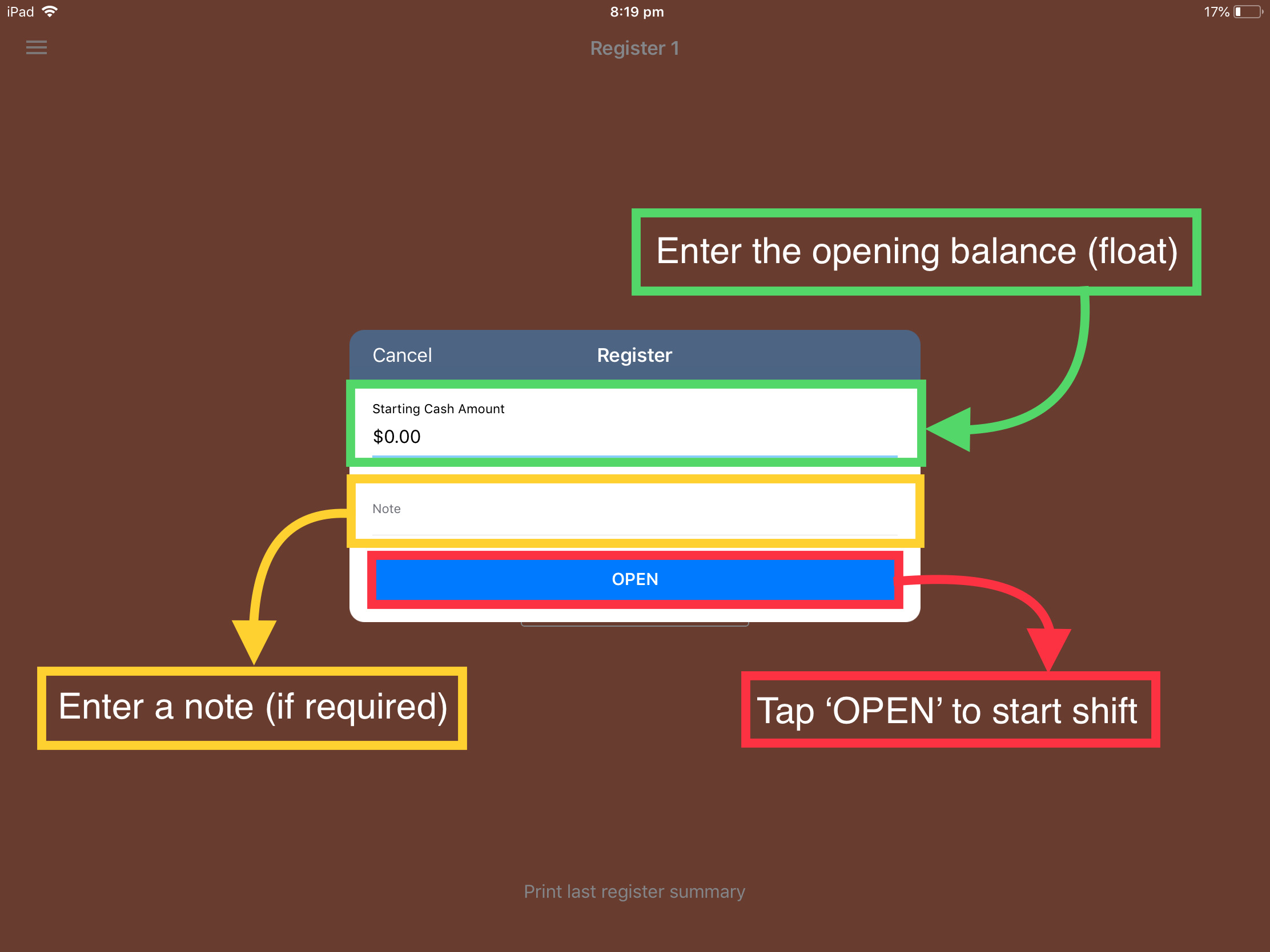 iOS POS Open Register ClickPOS