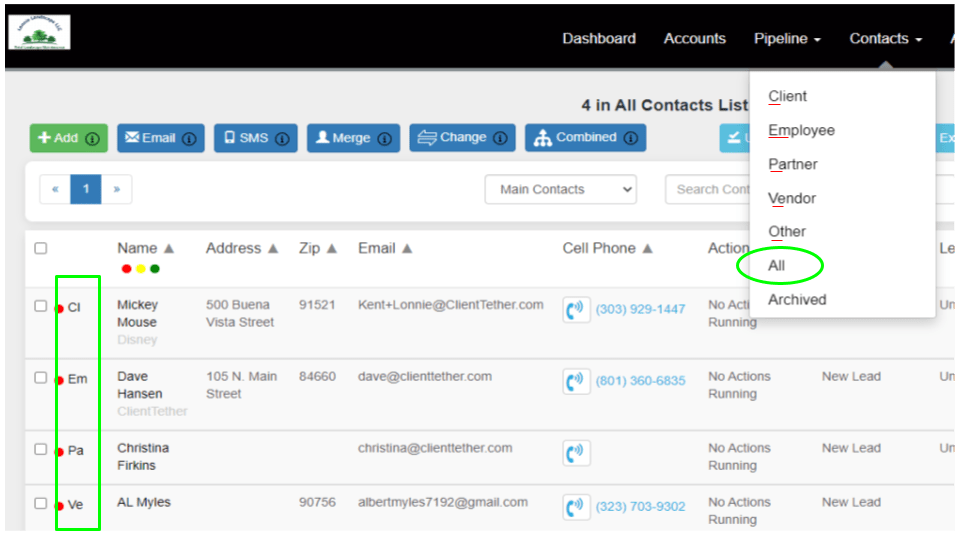 Contact List All letters indicate Contact TypeContact List All