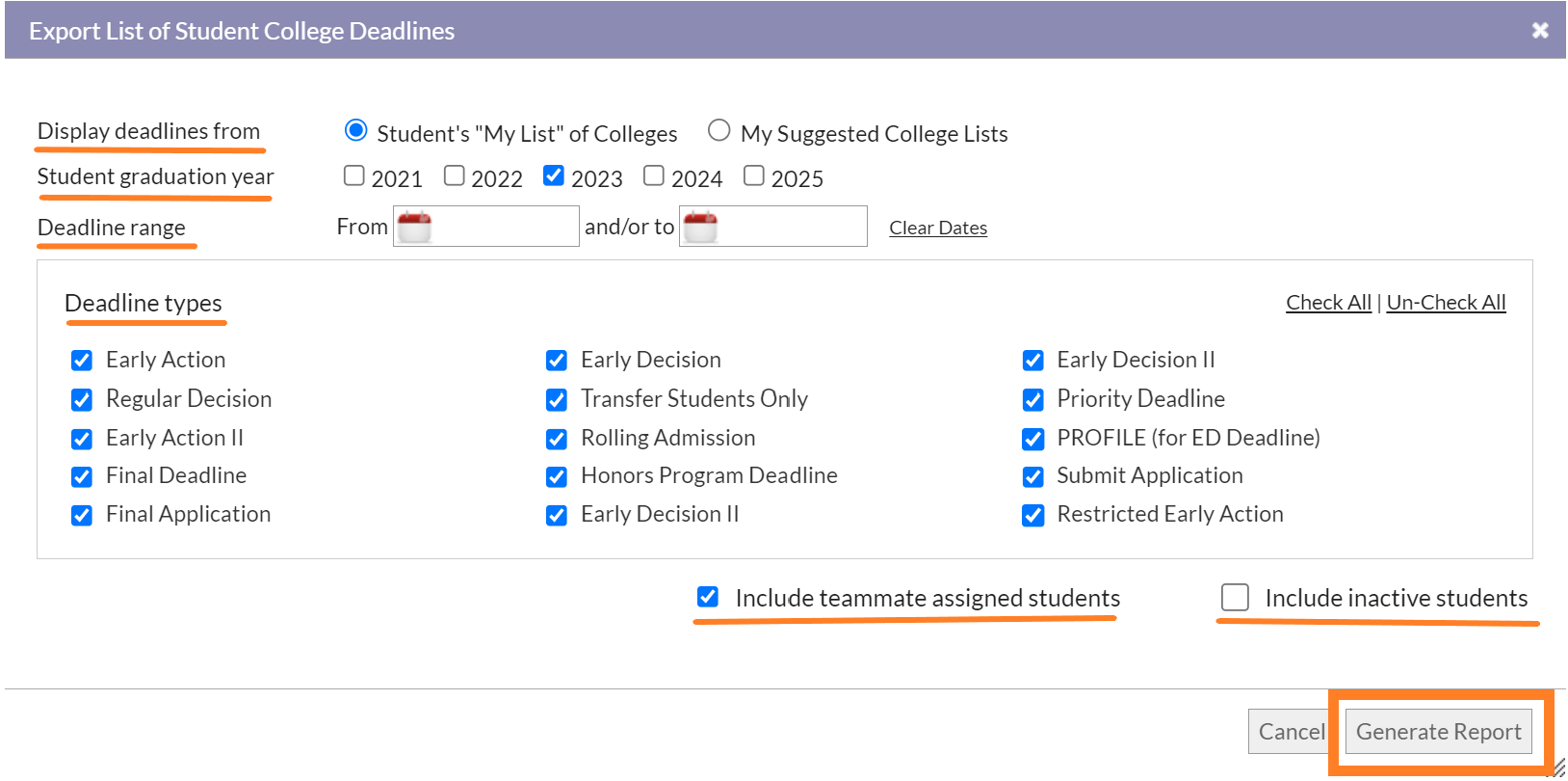 How do I create a College deadlines report for all students