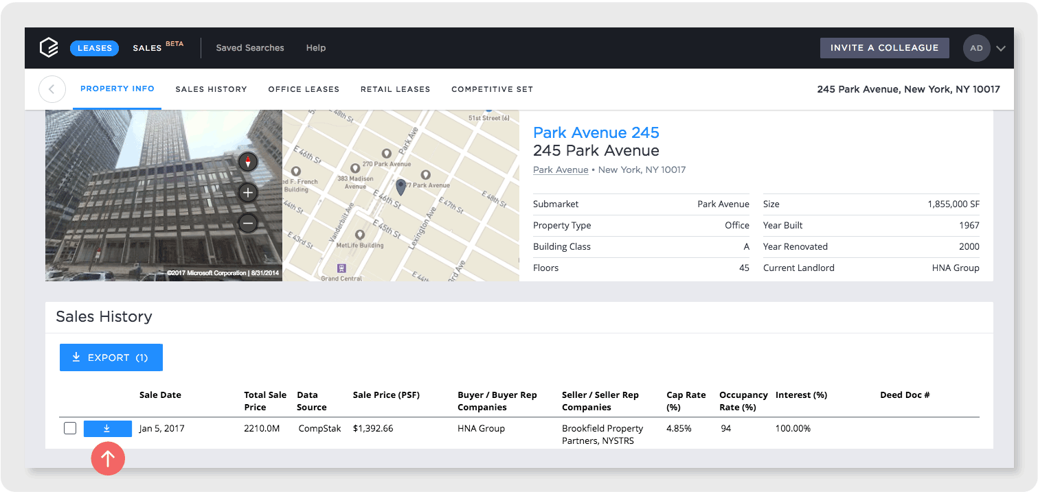How do I export lease and sales comps from the property report