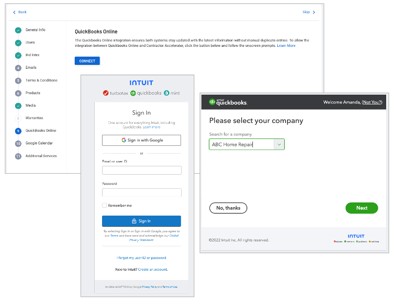 Integrate with QuickBooks Online Contractor Accelerator