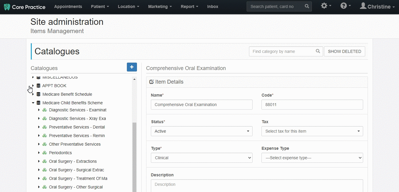 How to set Medicare Items (CDBS) Core Practice