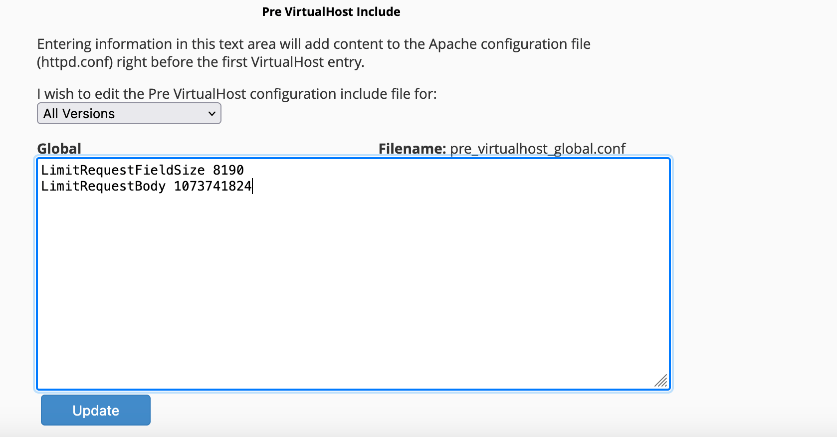 Customizing the LimitRequestFieldSize and LimitRequestBody in Apache