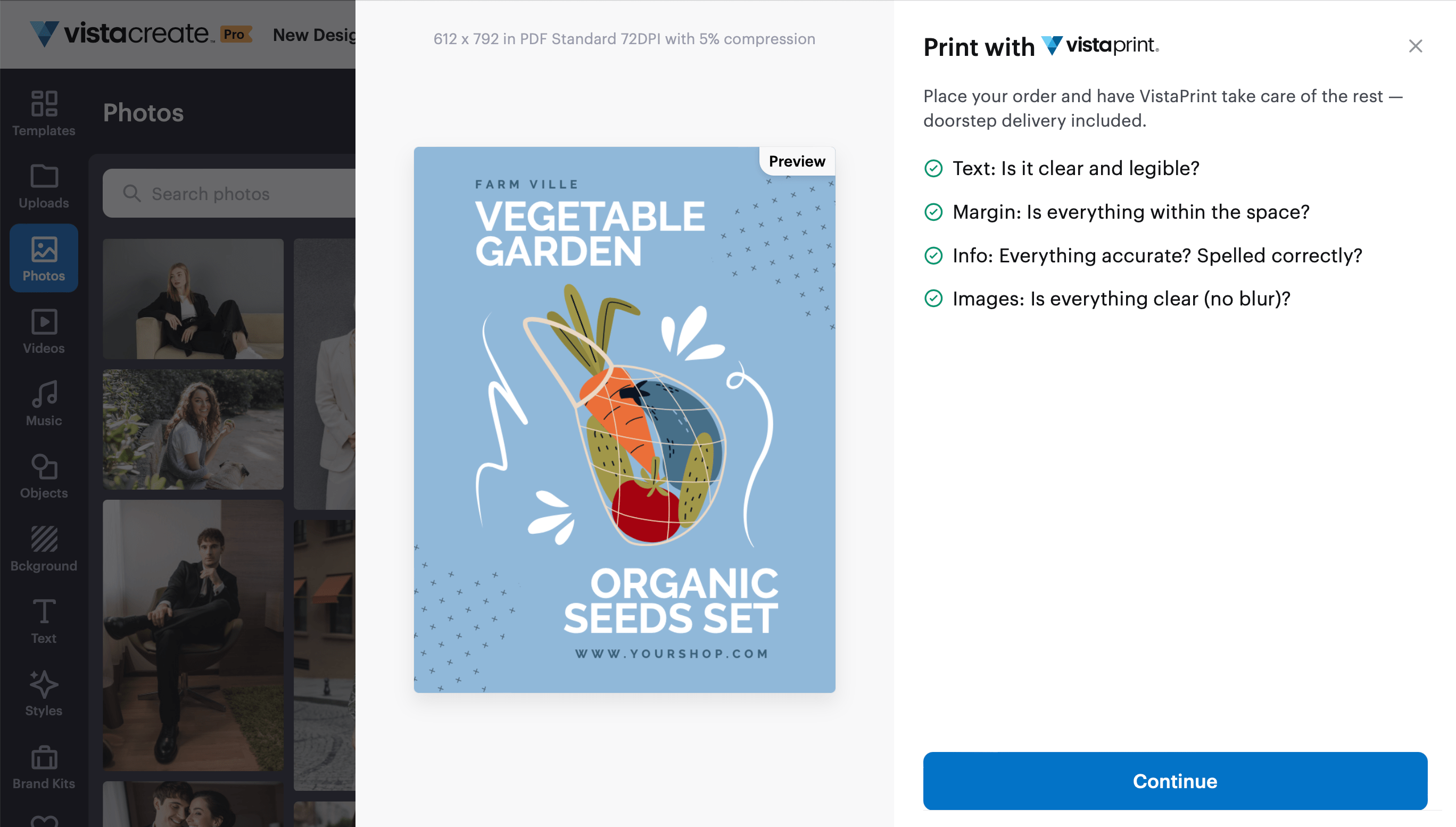 How can I print my designs on VistaCreate with VistaPrint