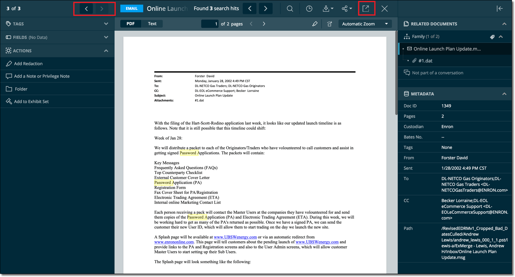Document viewer keyboard shortcuts DISCO