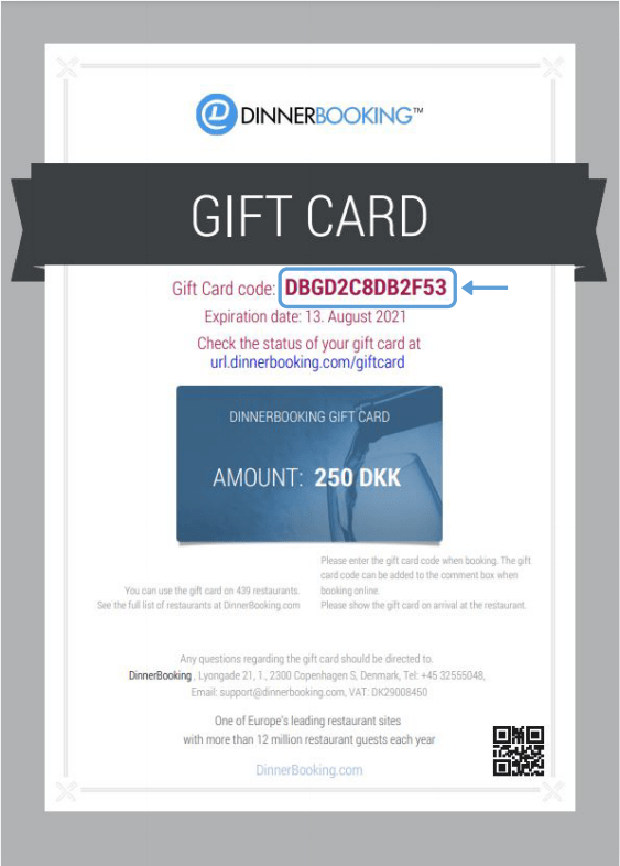 Gift cards DinnerBooking Support
