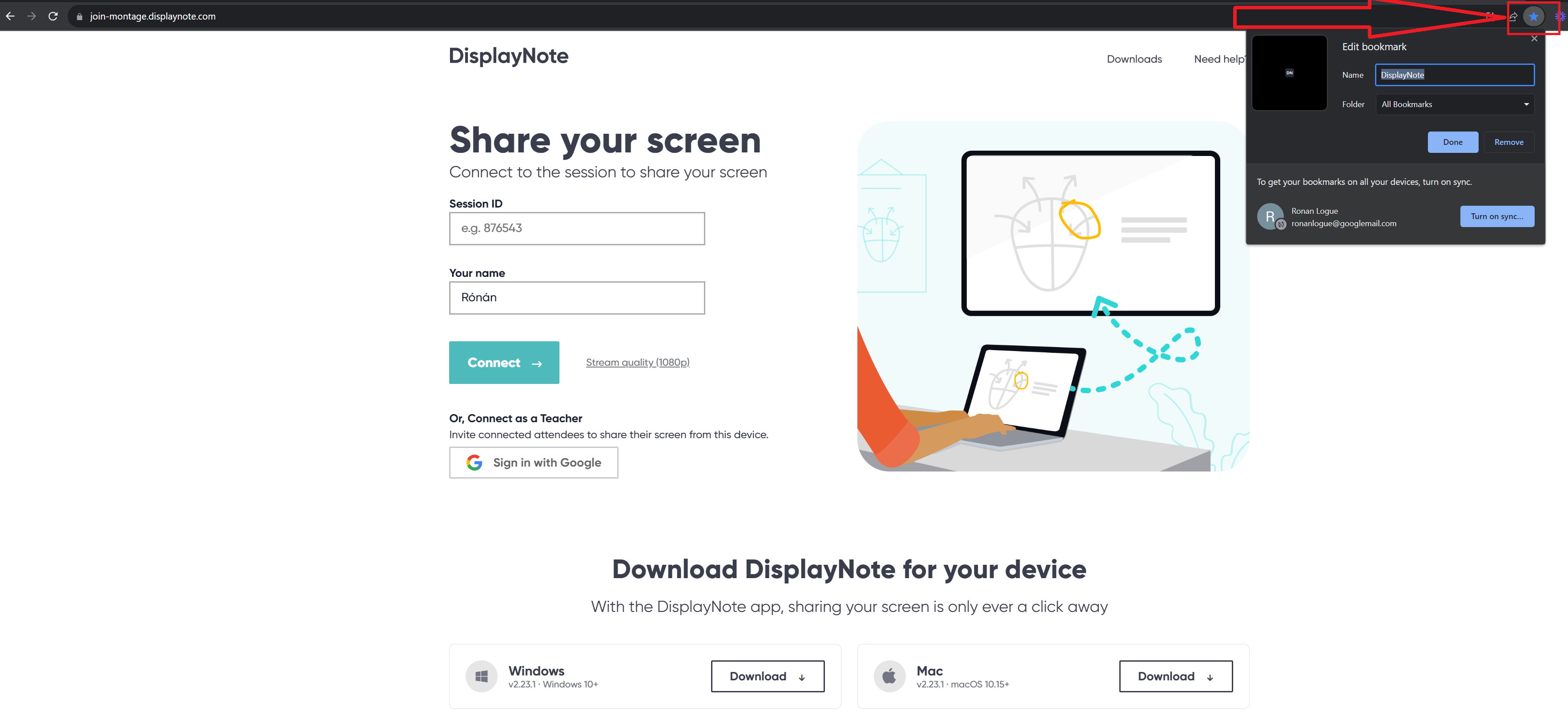 Add displaynote.com/join as a bookmark/Quick access for you Browser