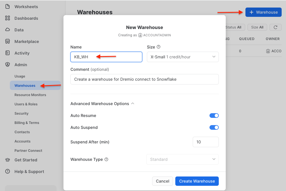 Create database, schema, table then grant permission to Snowflake user role for client (Dremio
