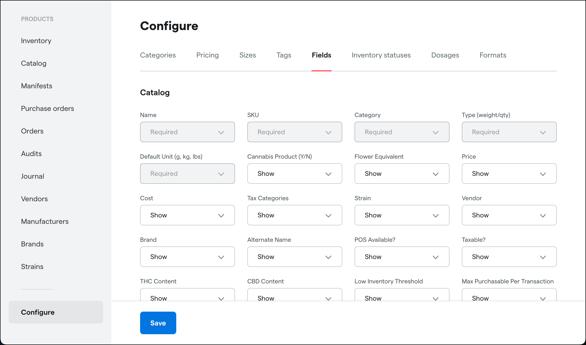 Customize which product and inventory fields are hidden, shown, or