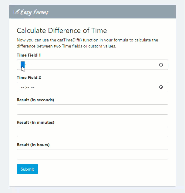 Calculate Difference of Time between Two Time fields Easy Forms Support