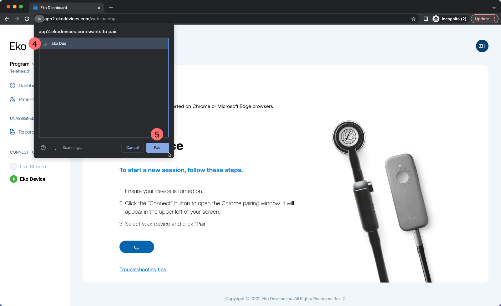 Pair an Eko device with web pairing on the Eko Dashboard – Eko SENSORA