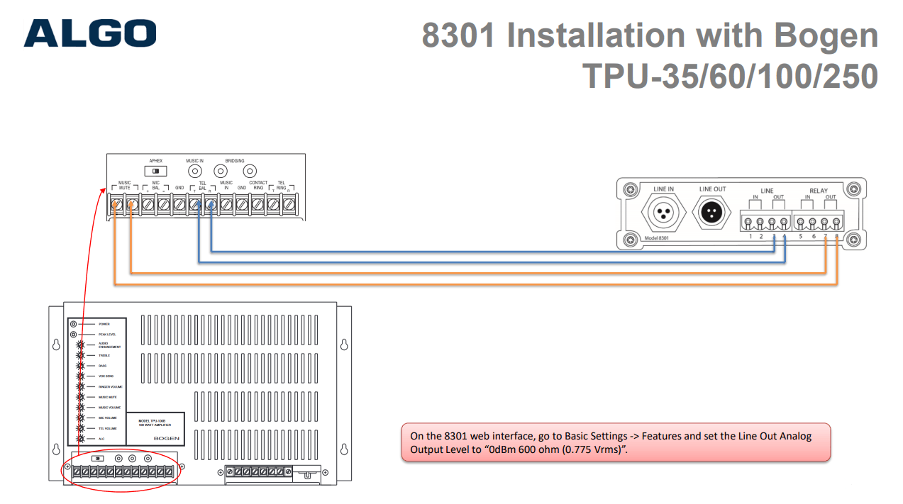 How to connect the Algo 8301 to a Bogan TPU-35/60/100/25 Amplifier