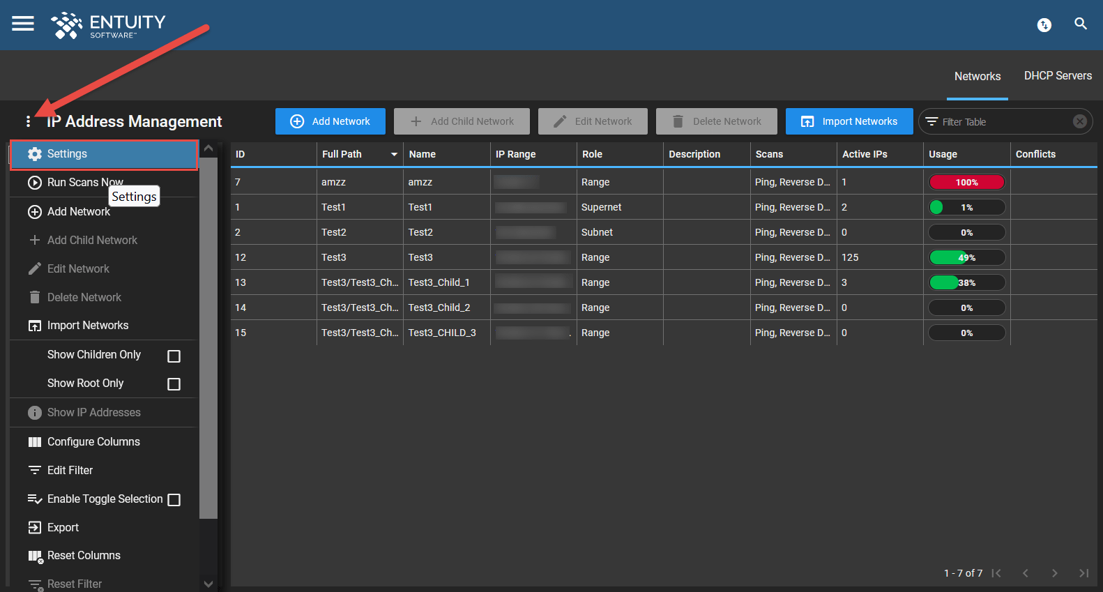 How do I specify IP address management settings? Entuity