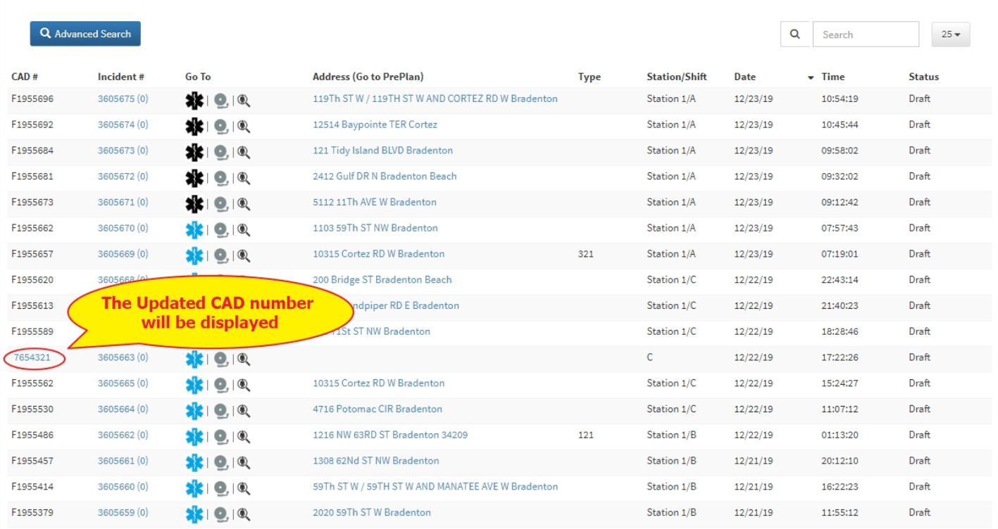 Manually entering CAD numbers in Incidents
