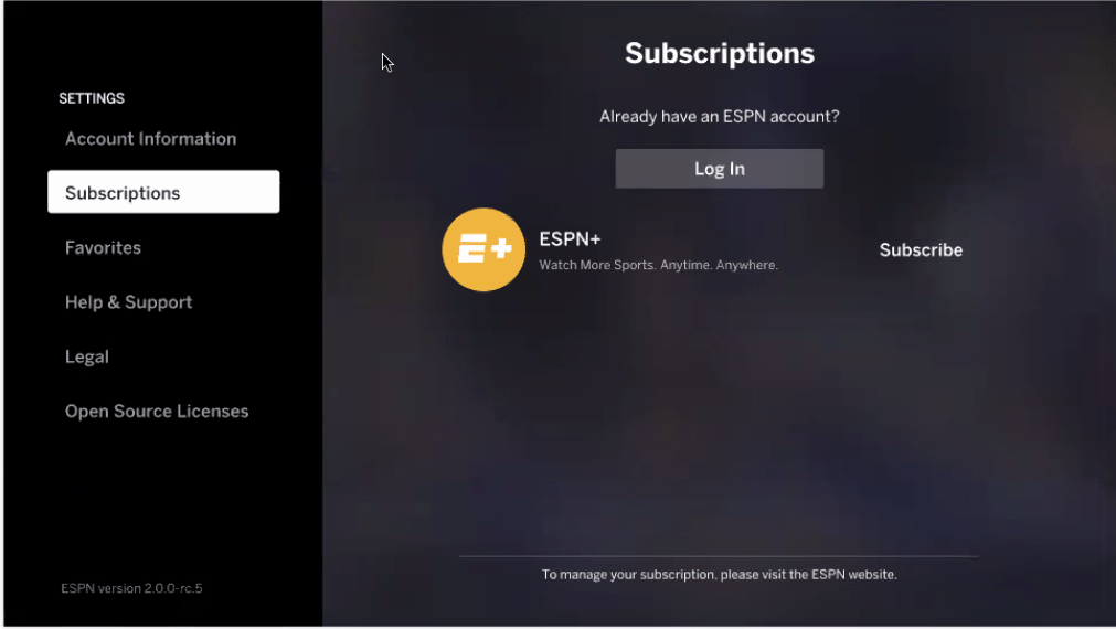 Authentication on LG TVs ESPN Fan Support