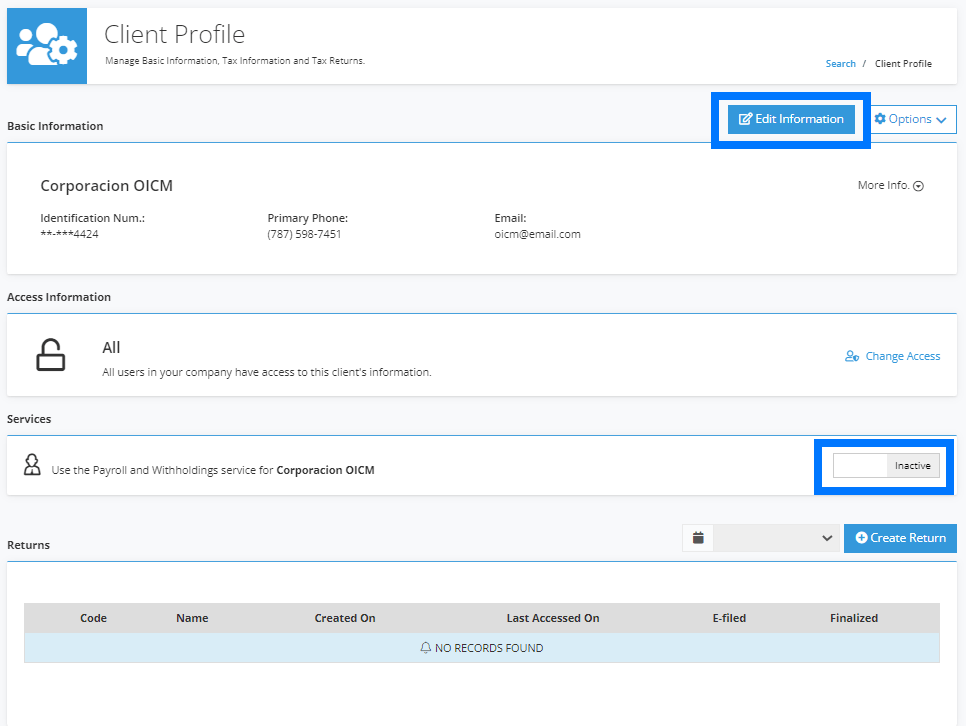 Create New Client / Activate Payroll and Withholding Service Expert Tax