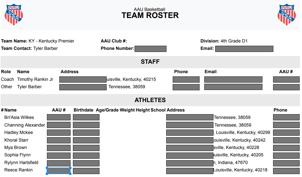 AAU Rosters Exposure Events