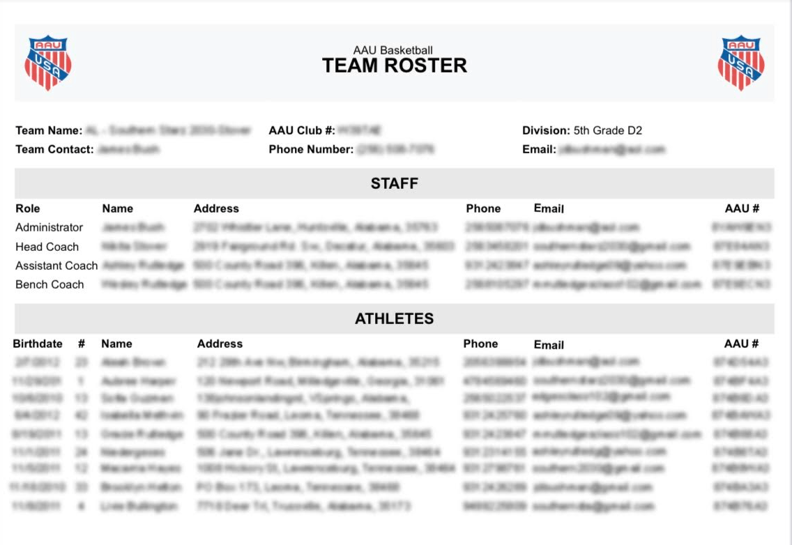 AAU Rosters Exposure Events