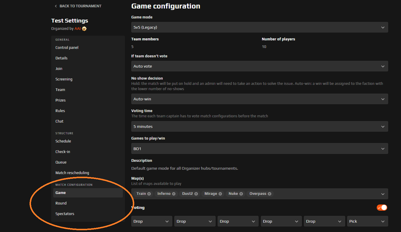 Setting up match configurations FACEIT