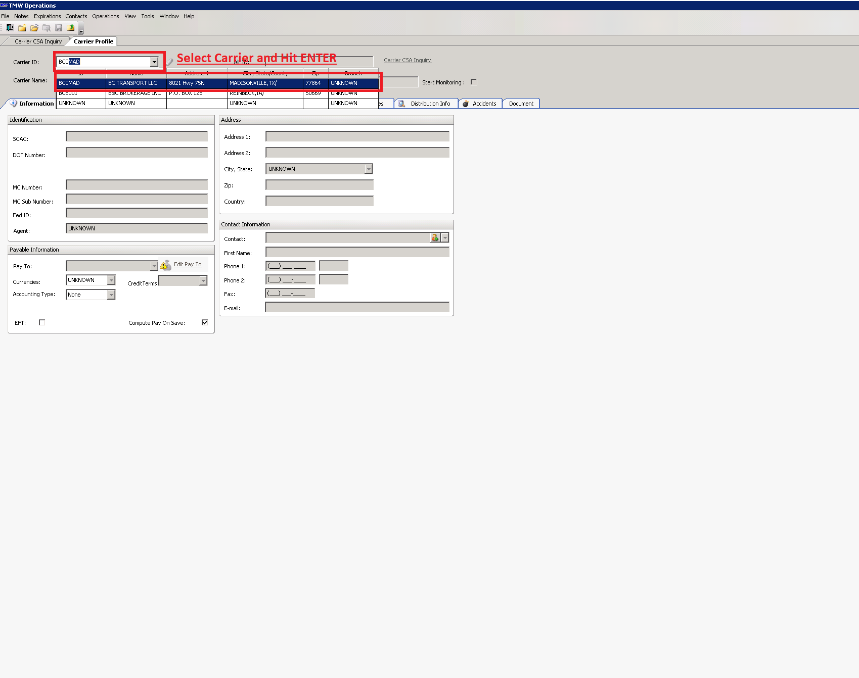 Adding a Carrier from RMIS to TMW FirstFleet Support