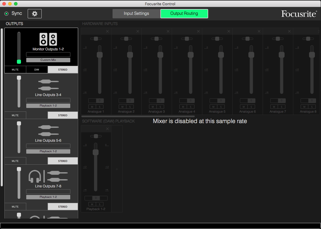Focusrite Control Mixer is disabled at this sample rate Focusrite