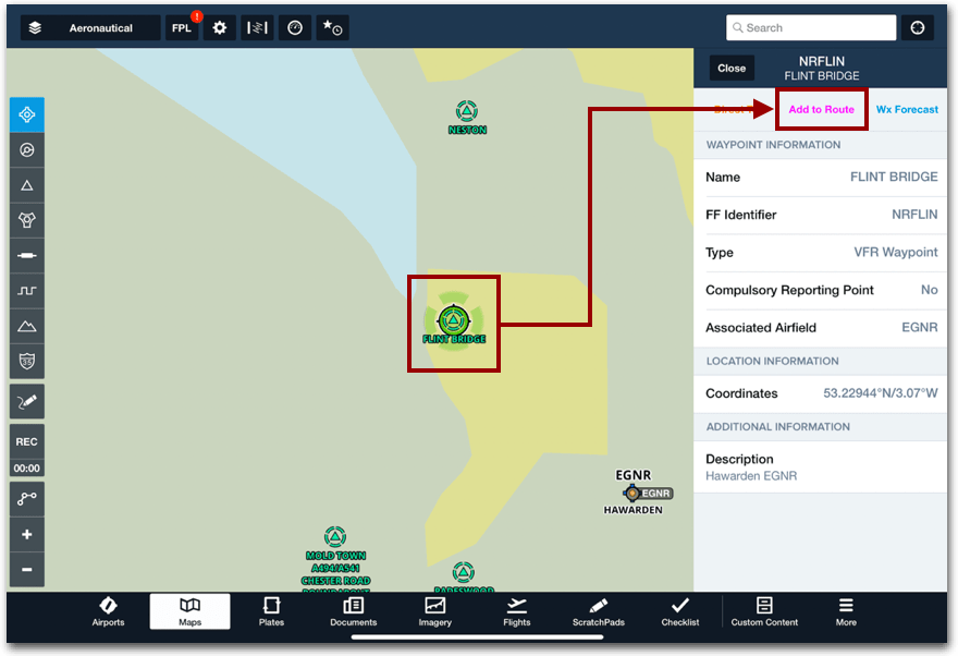 How do I enter VFR waypoints or visual reporting points to my route