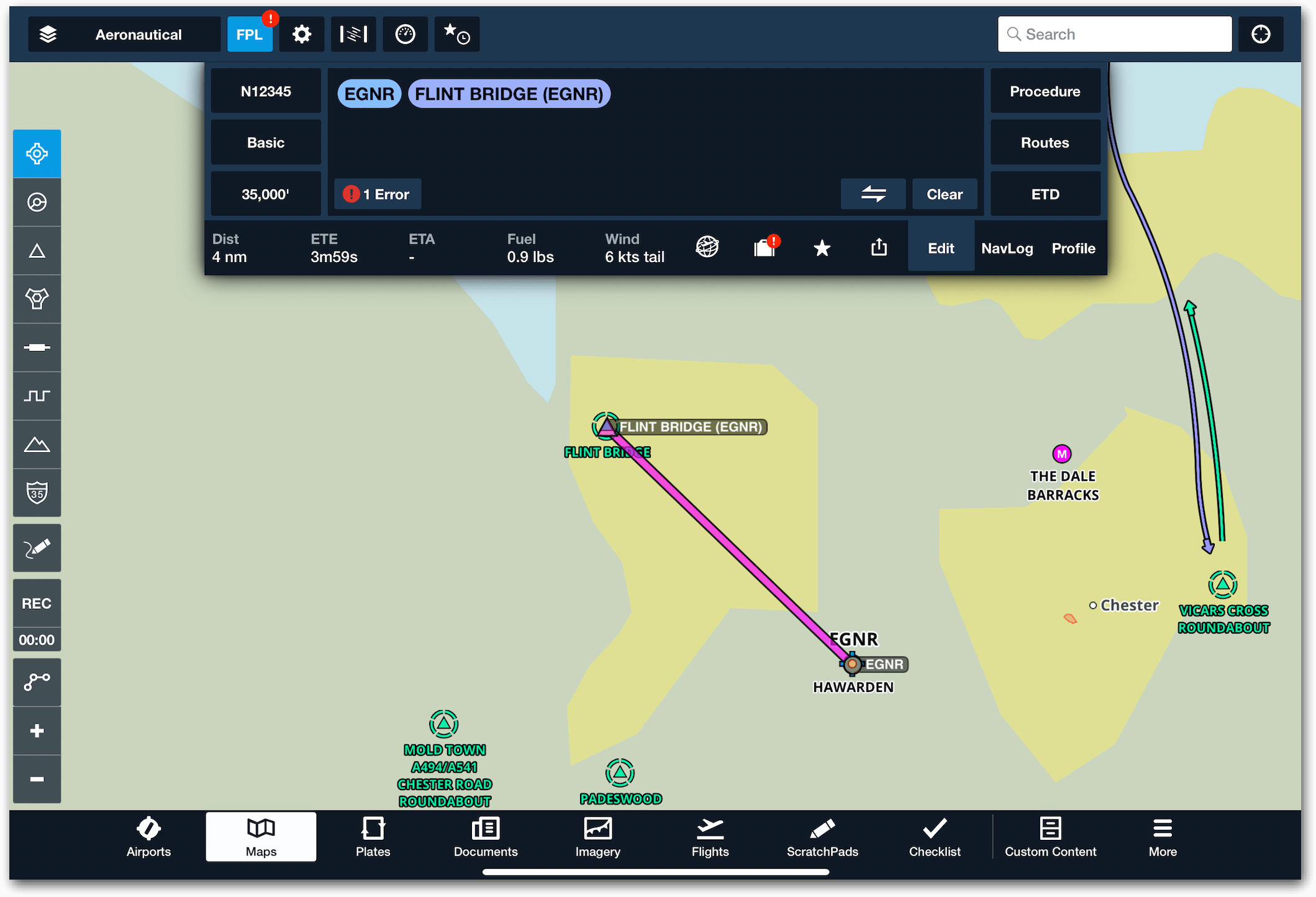 How do I enter VFR waypoints or visual reporting points to my route