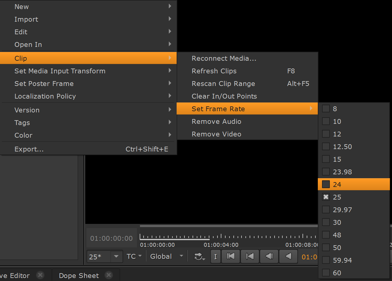 Q100155 Setting the frame rate for imported footage in Nuke Studio