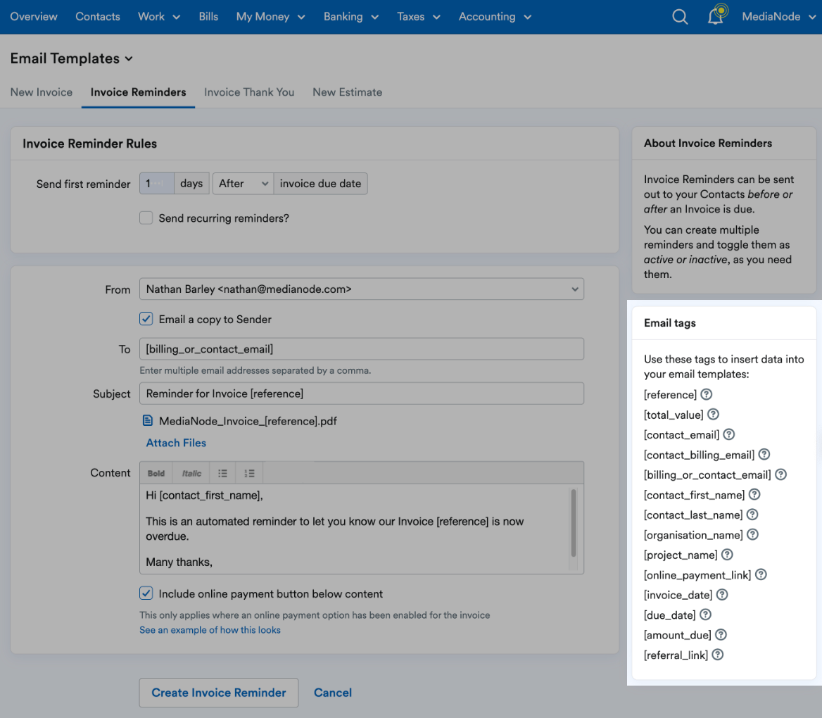 How to set up and send a ‘Quick Send’ invoice reminder email for an