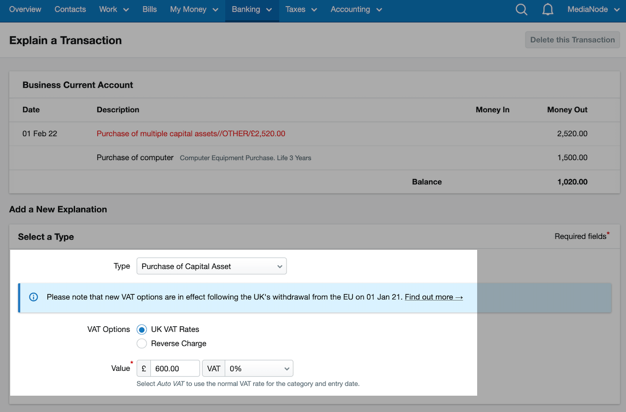 How to record the purchase of multiple capital assets with one bank