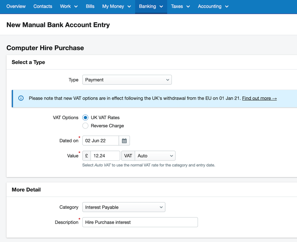 How to record an asset bought on hire purchase when using accruals