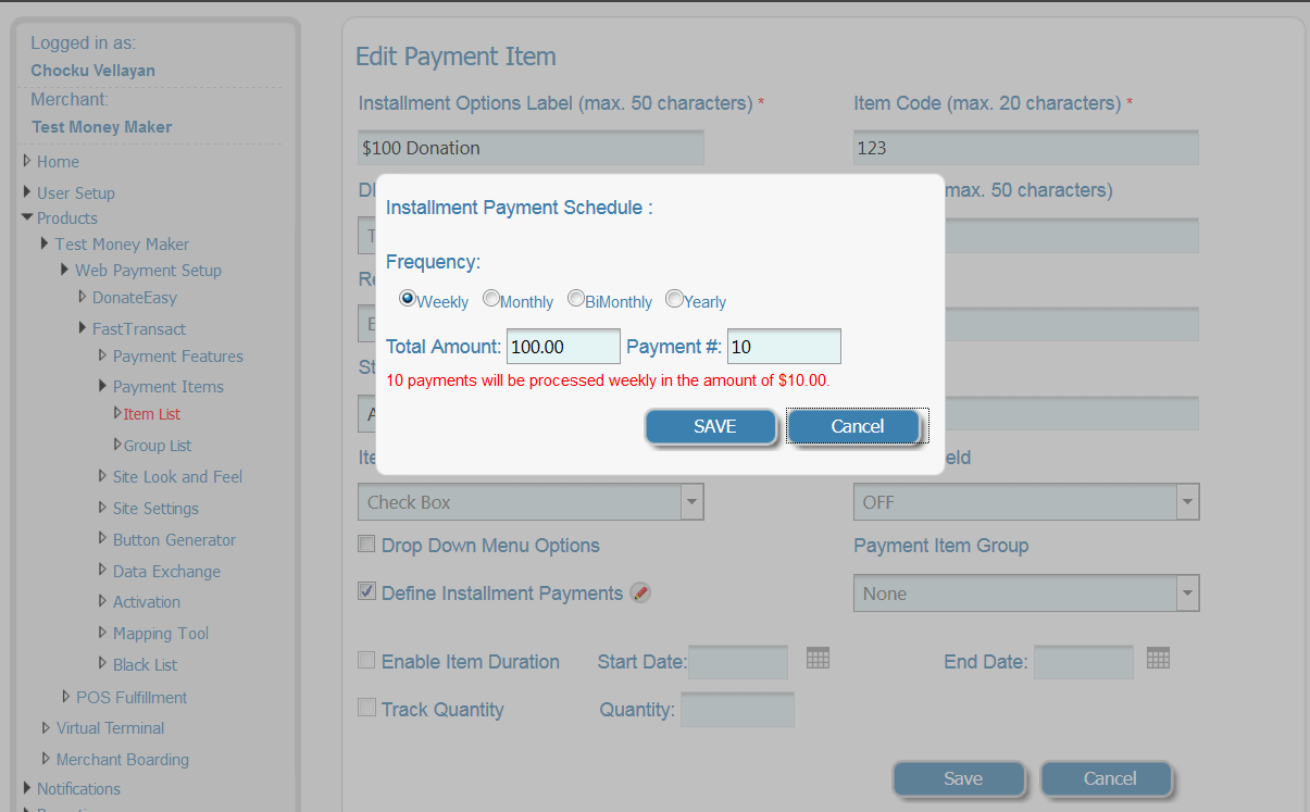 How merchant admins can define payment installments in payment items FrontStream