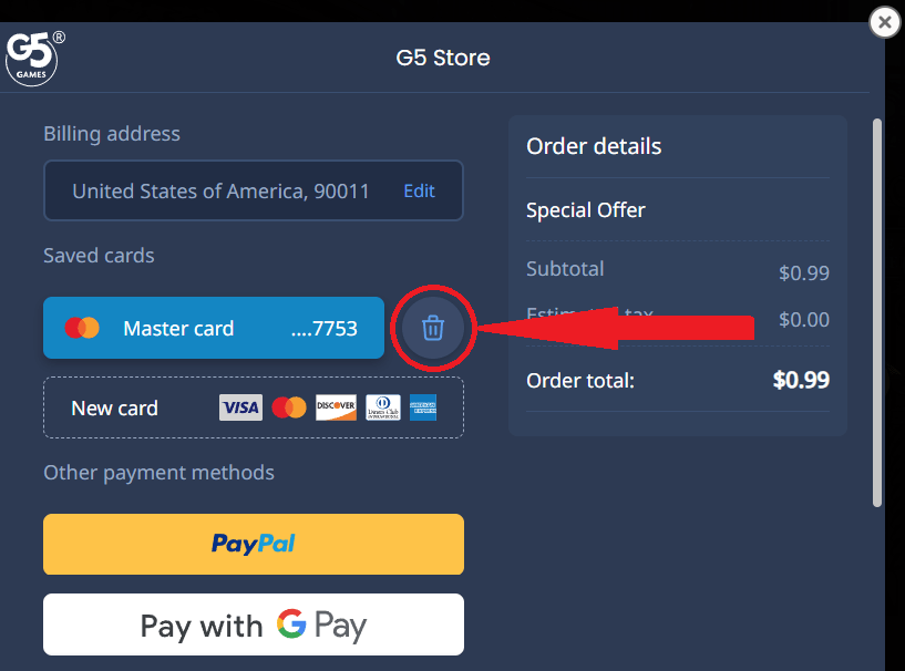 How can I delete my credit card information from my G5 Store account