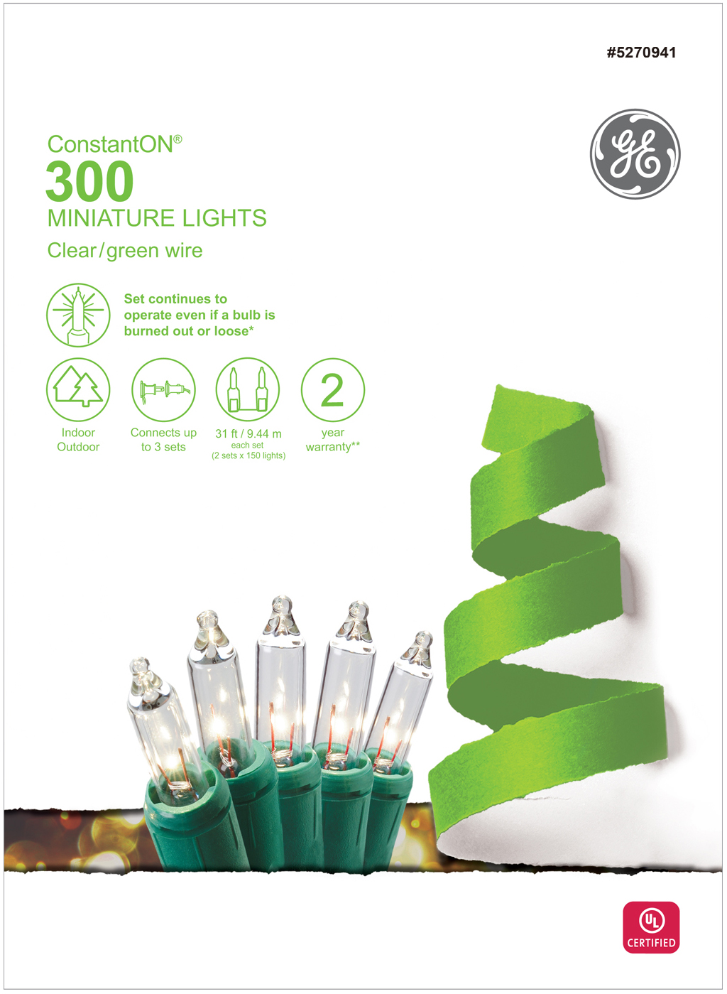 64656 GE ConstantON® Incandescent Miniature Lights, 300ct, Clear