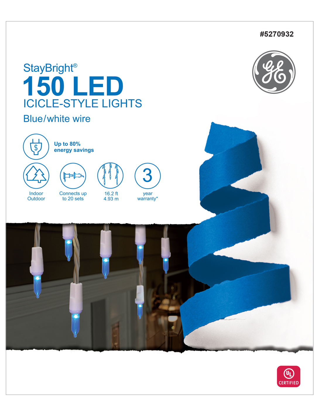 90884 GE StayBright® LED IcicleStyle Lights, 150ct, Blue Holiday