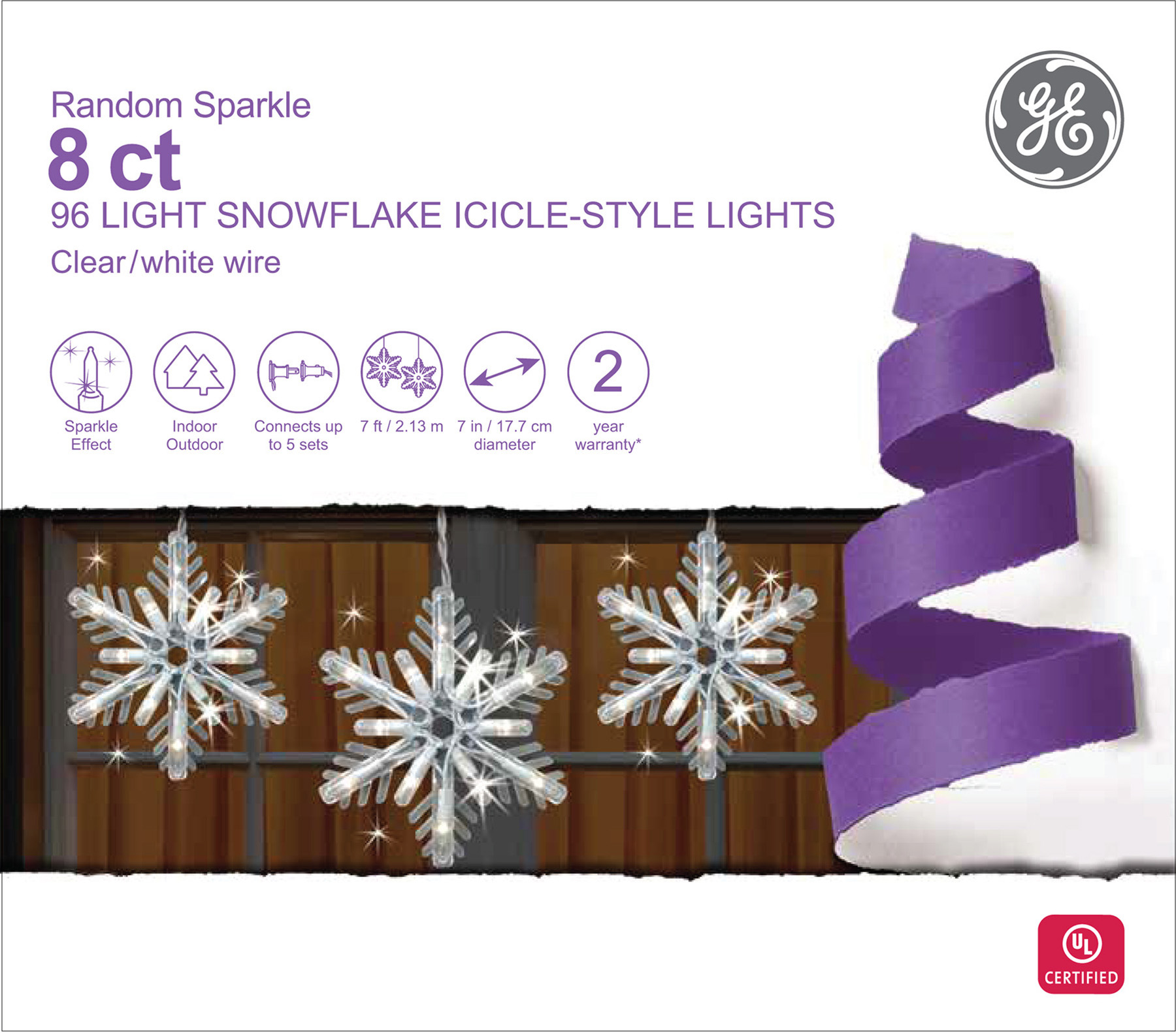 78936 GE Random Sparkle Incandescent 8pc Snowflake IcicleStyle