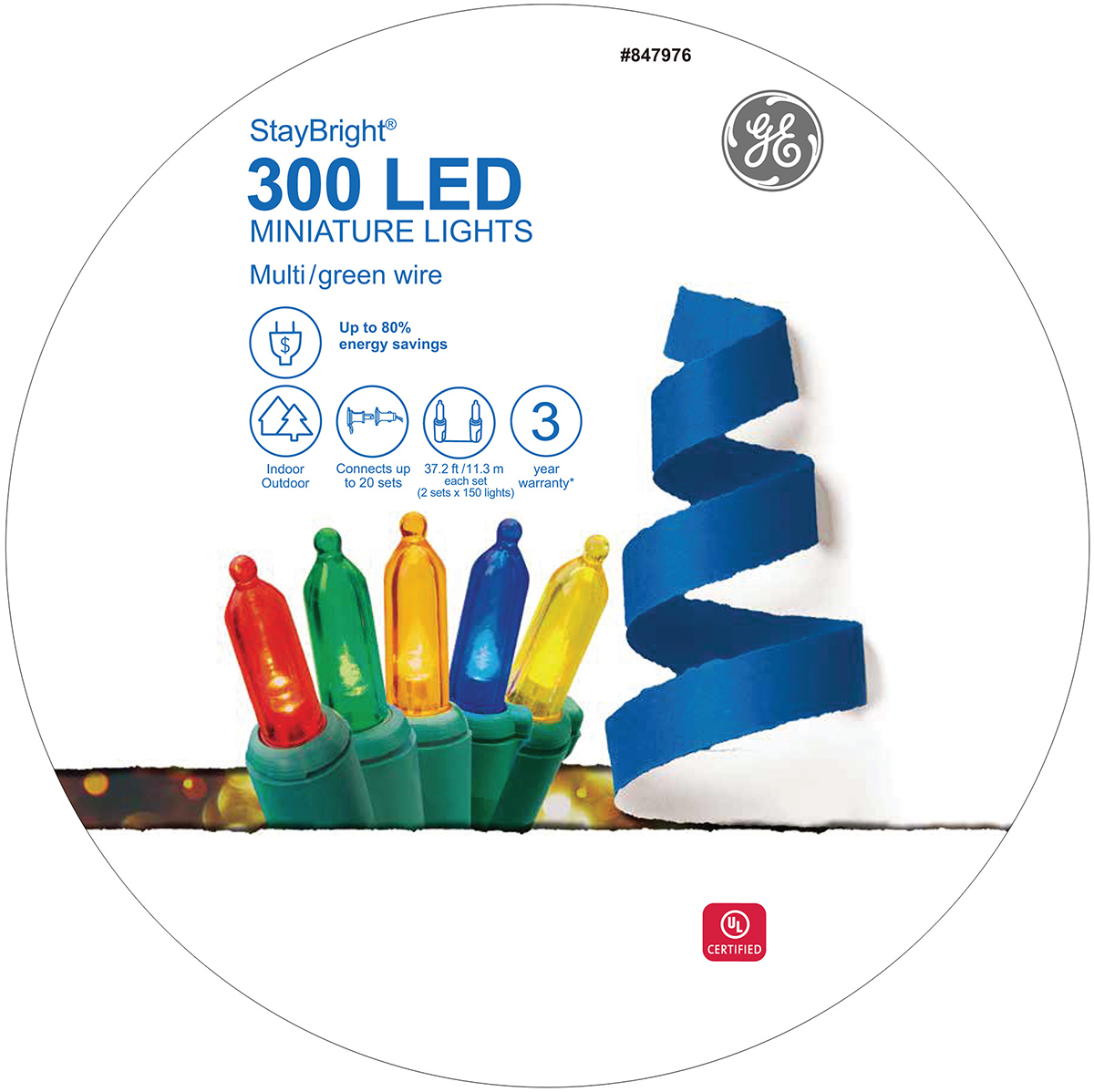 91095 GE StayBright® LED Miniature Lights, 300ct, Multi Holiday