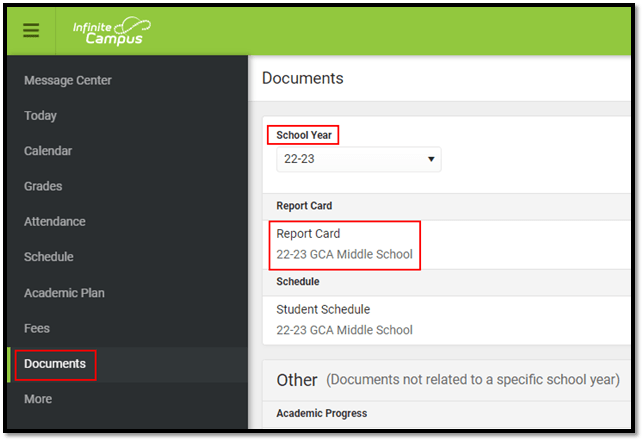Student View of Report Cards in Infinite Campus – GCA Student 