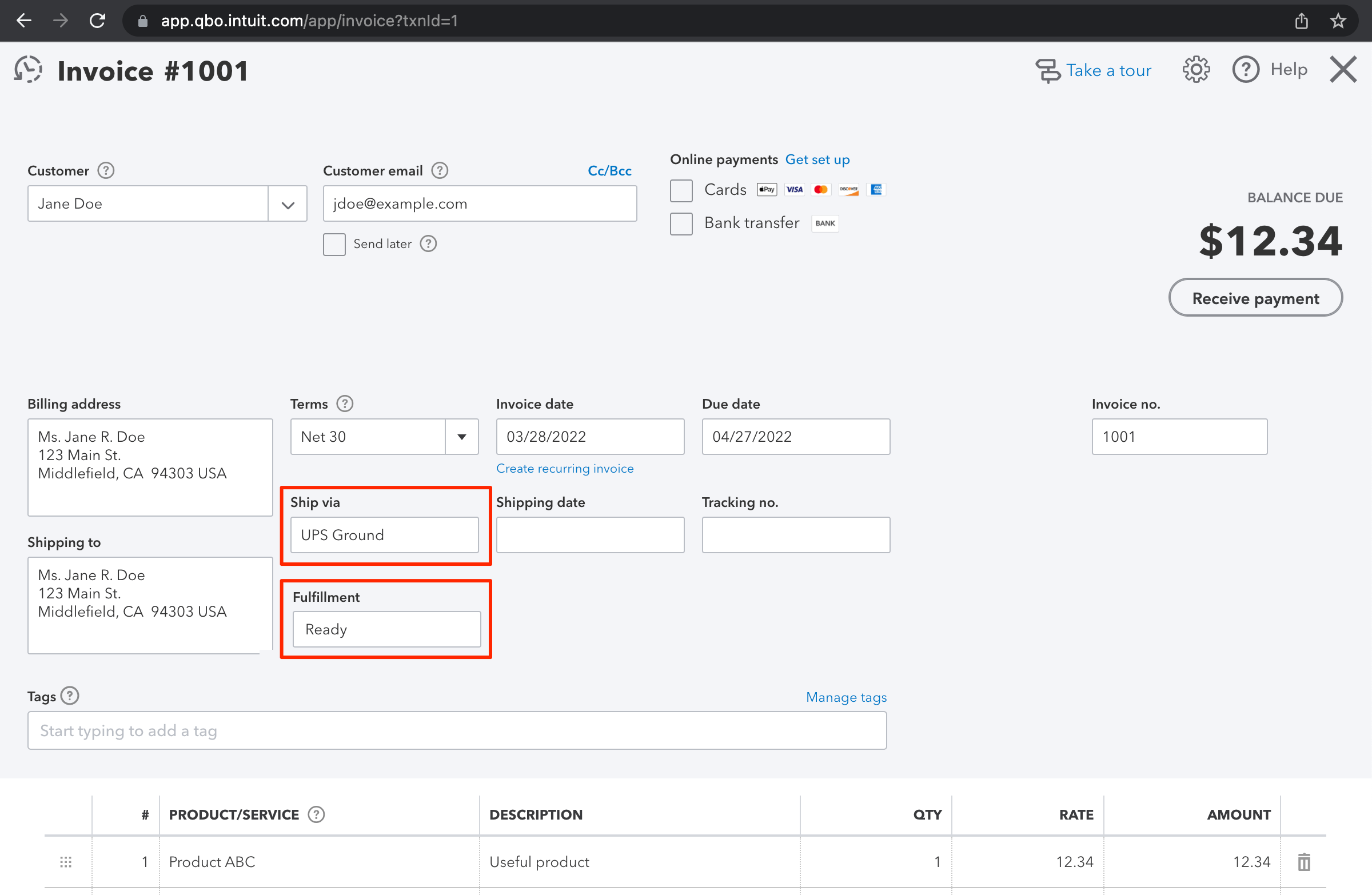 QuickBooks Online Initiate Order Workflow DropStream