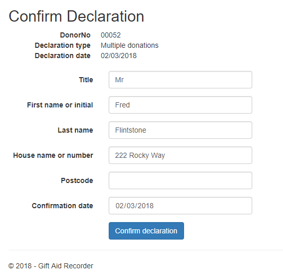 Confirming written Gift Aid declarations Gift Aid Recorder Support.