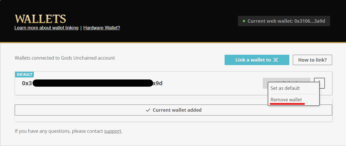 Unlink a Wallet Gods Unchained