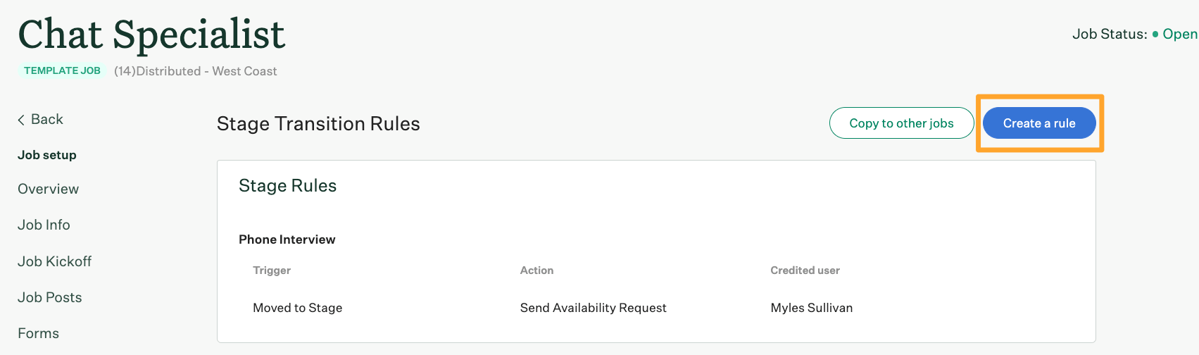 Create a stage transition rule Greenhouse Support
