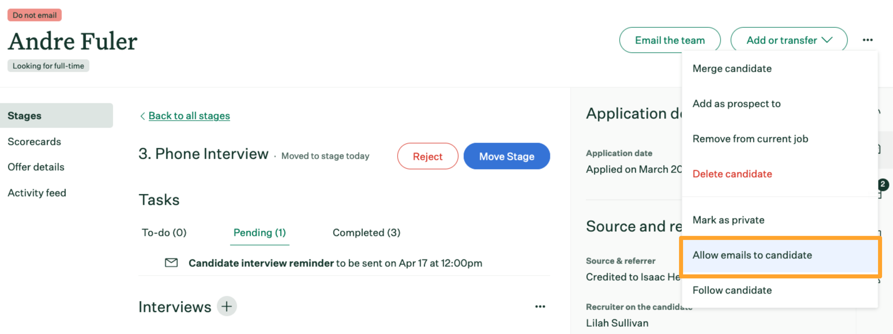 Candidate doesn't receive emails when moved to a stage with a stage