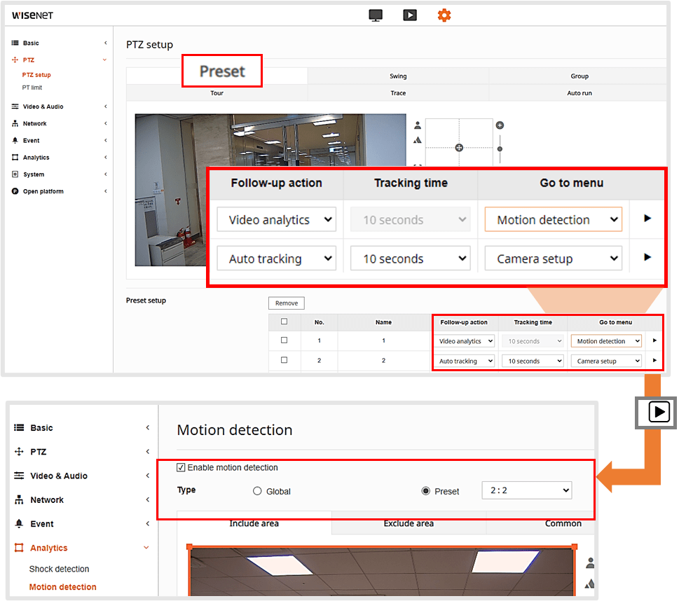 PTZ camera motion detection/IVA setup guide Hanwha Vision
