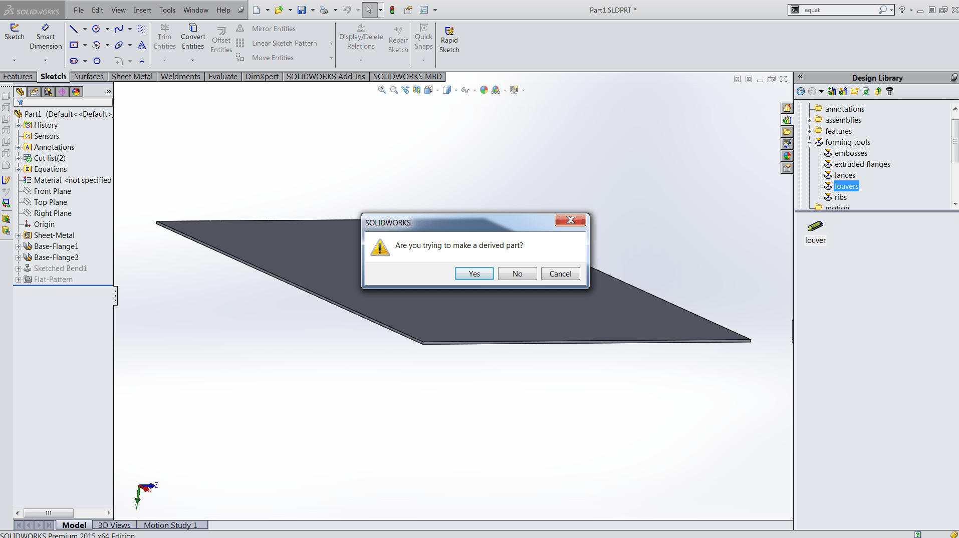 Derived Part Prompt When Inserting a Forming Tool in SOLIDWORKS Hawk