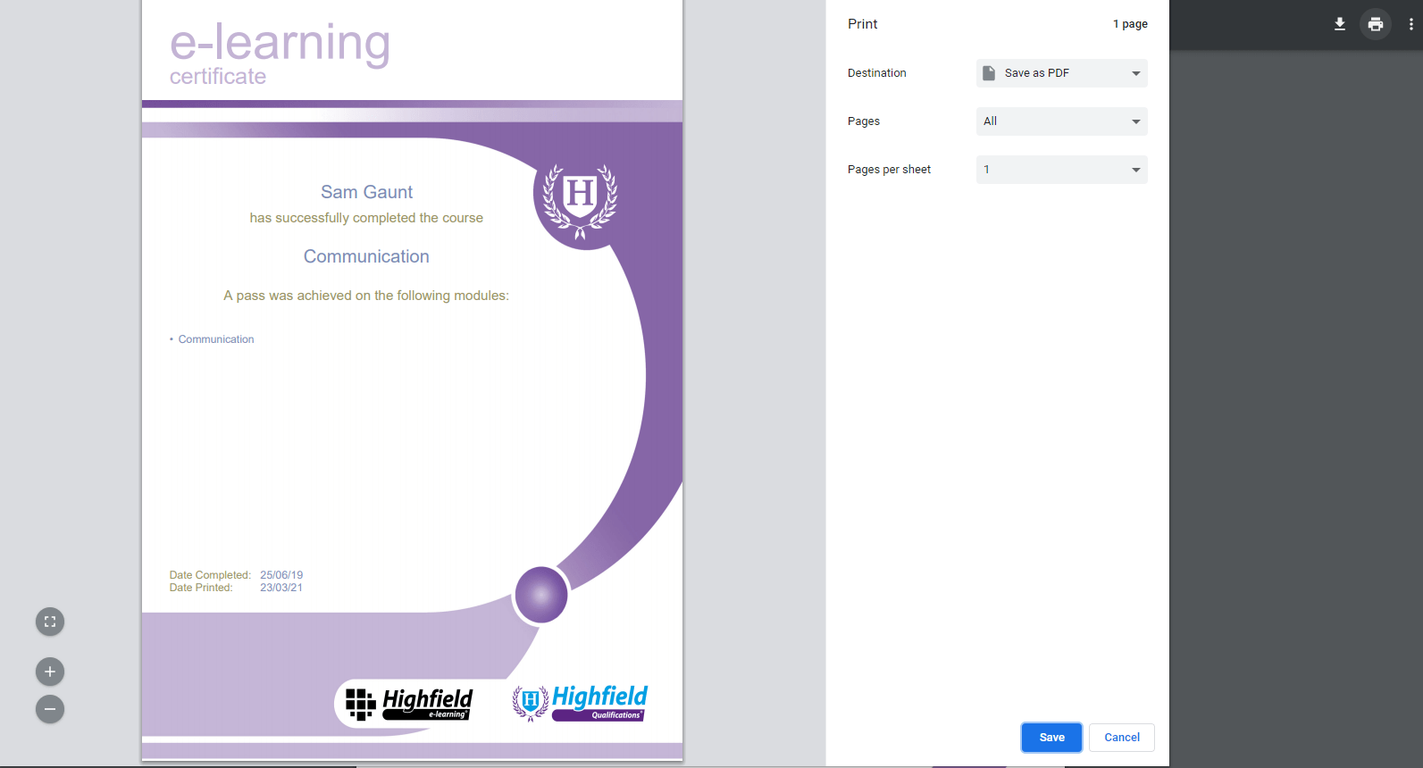 How do I print or download my certificate? Highfield ELearning