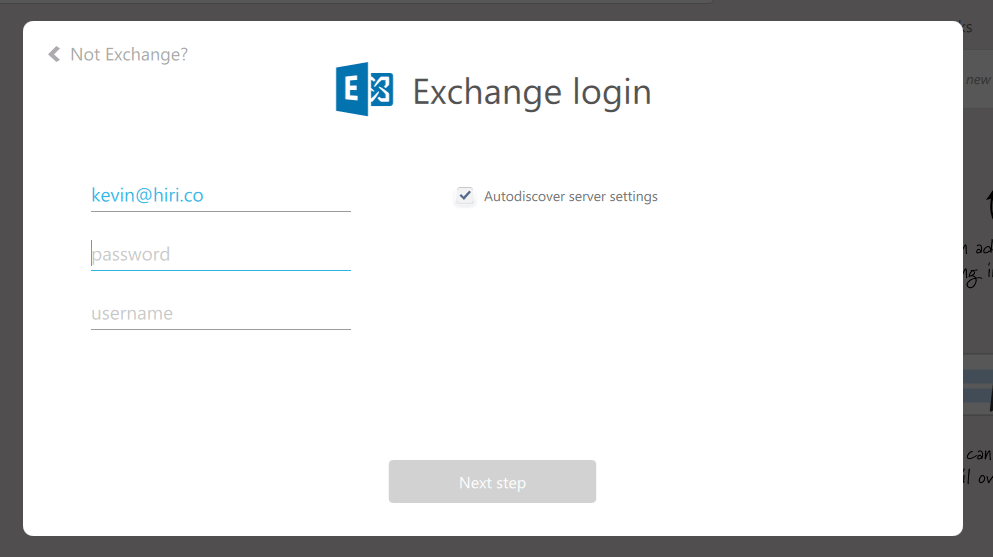 Microsoft Exchange Login Hiri email client support